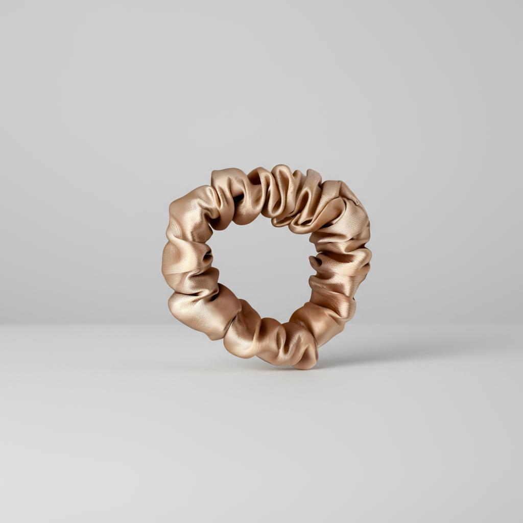 Champagne satin scrunchie with a soft rose‑golden hue and lustrous sheen, gathered into gentle ruffled folds. Handmade hair accessory designed for a secure yet gentle hold, adding a touch of radiant elegance to any style.