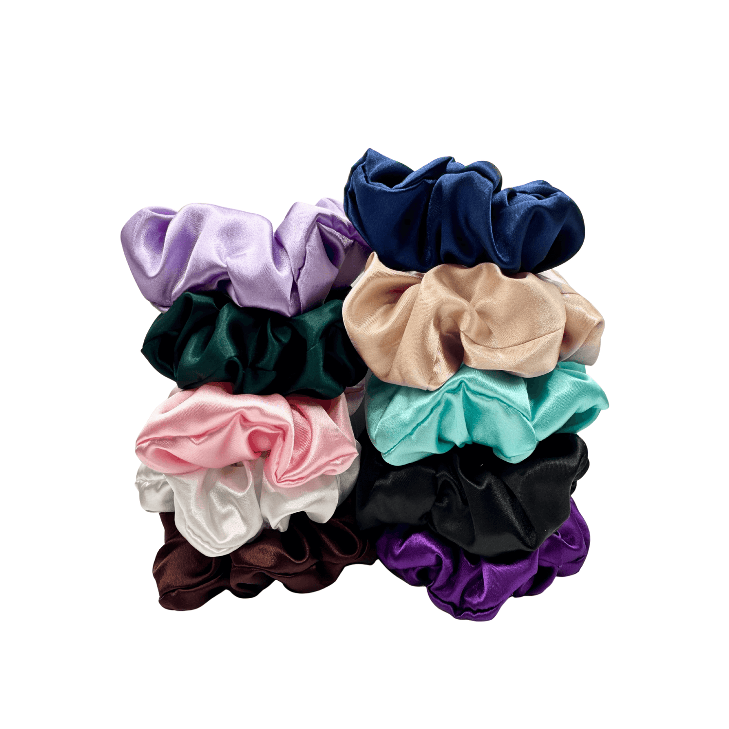 Stack of twelve satin scrunchies in assorted colours including lavender, navy, beige, emerald, mint, pink, white, black, burgundy, and purple. 