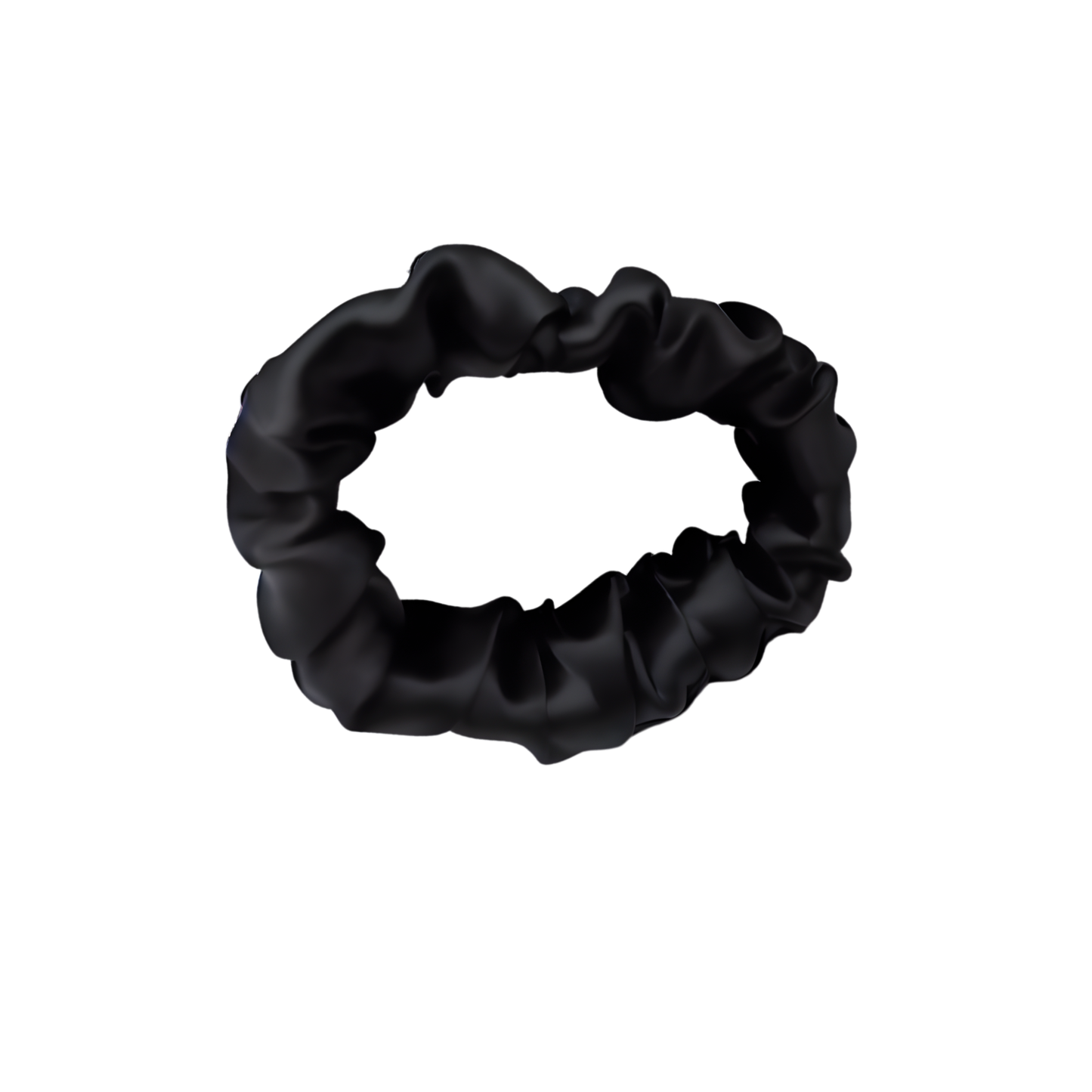 Black satin scrunchie with a smooth, glossy finish, gathered into soft ruffled folds. Handmade hair accessory designed for a gentle, secure hold and a sleek, timeless look.