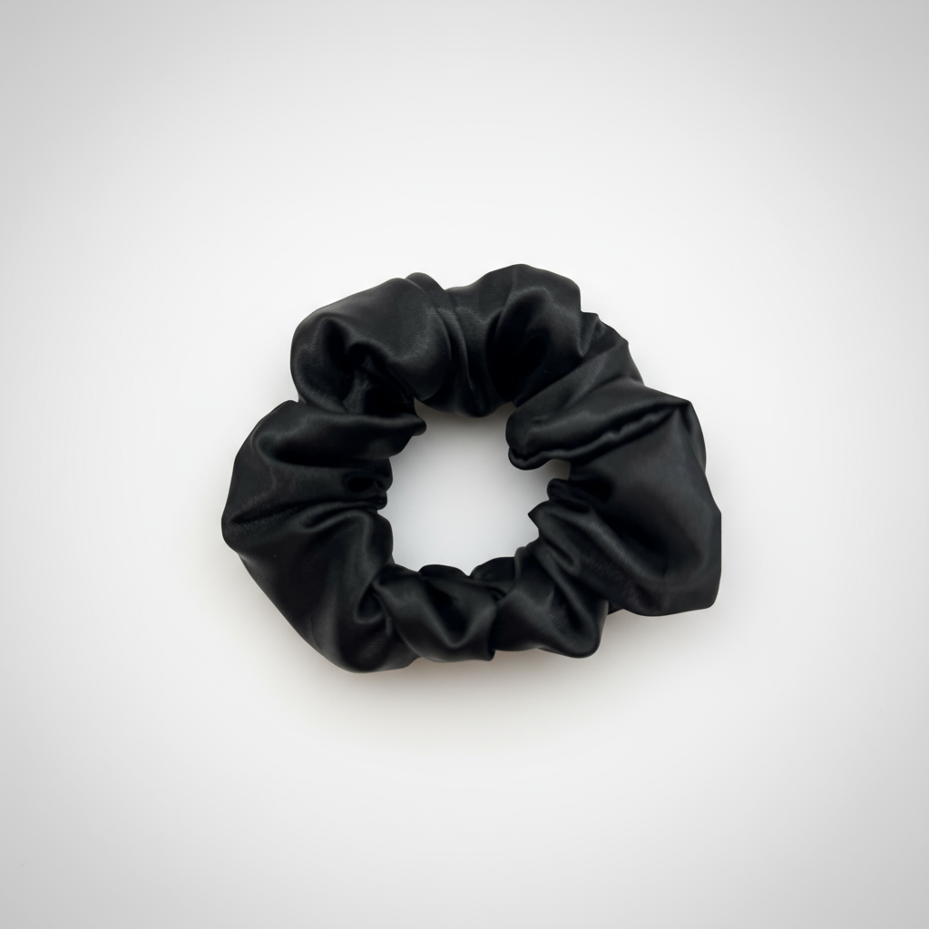 Black satin scrunchie with a smooth, glossy finish, gathered into soft ruffled folds. Handmade hair accessory designed for a gentle, secure hold and a sleek, timeless look.