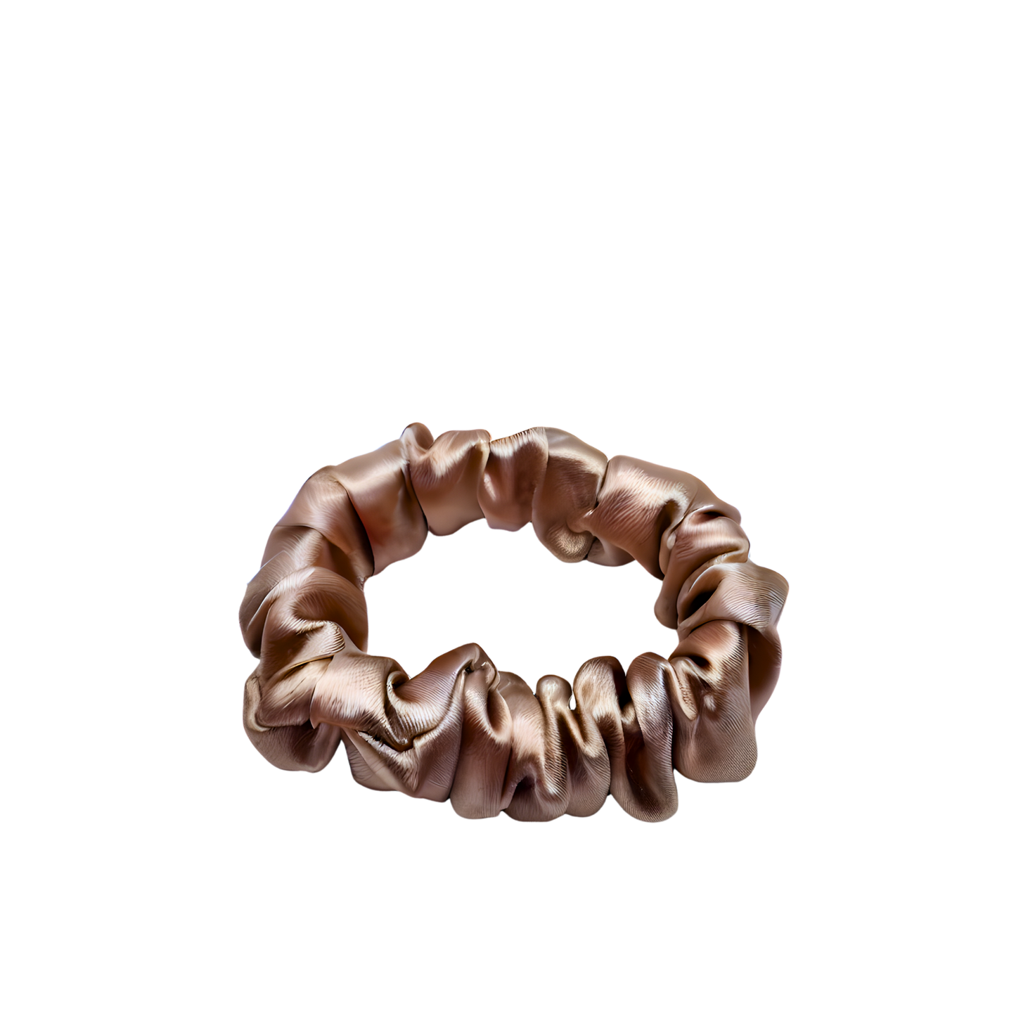 Champagne satin scrunchie with a soft rose‑golden hue and lustrous sheen, gathered into gentle ruffled folds. Handmade hair accessory designed for a secure yet gentle hold, adding a touch of radiant elegance to any style.