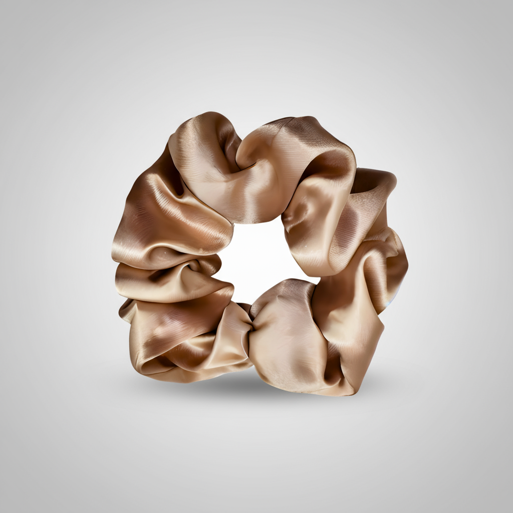 Champagne satin scrunchie with a soft rose‑golden hue and lustrous sheen, gathered into gentle ruffled folds. Handmade hair accessory designed for a secure yet gentle hold, adding a touch of radiant elegance to any style.