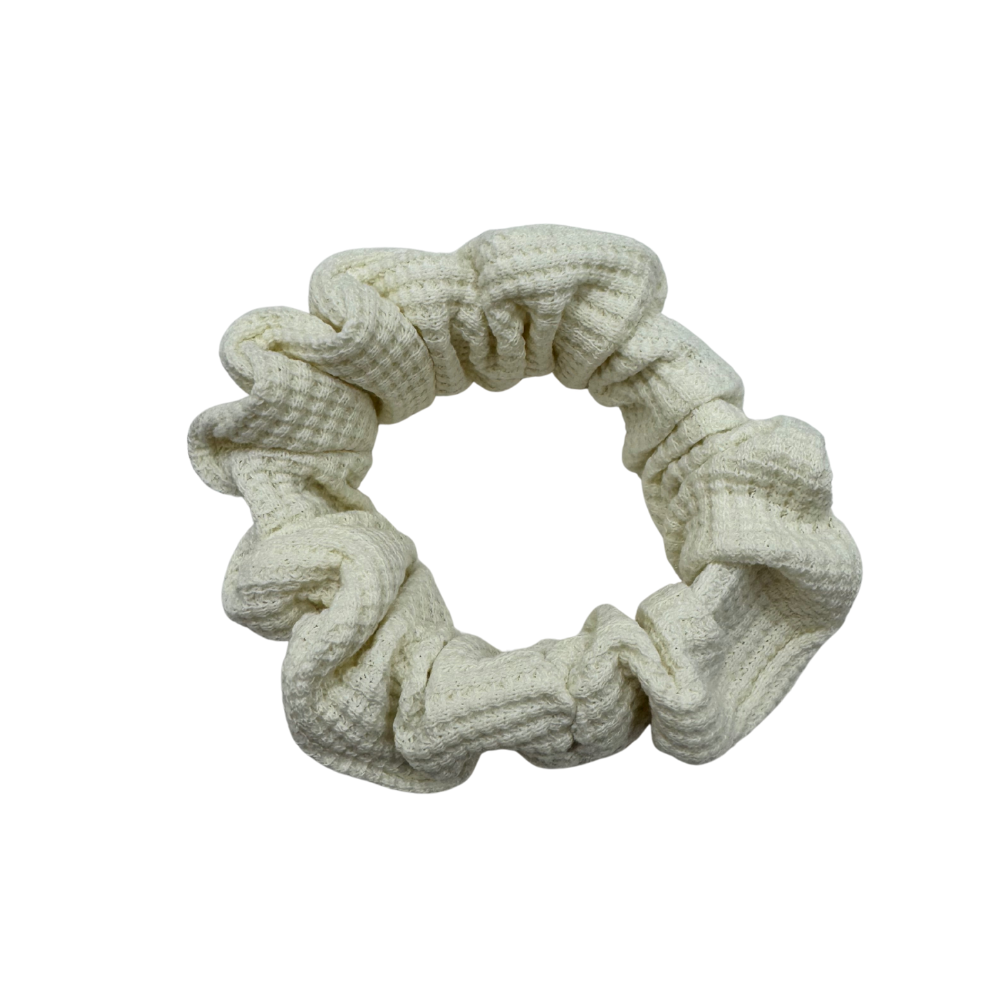 Ivory Waffle Knit Cotton scrunchie with soft, textured gathered folds. Handmade for secure hold and graceful everyday styling—ideal for thick or curly hair.