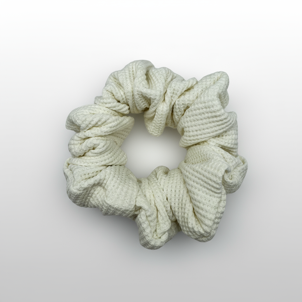 Ivory Waffle Knit Cotton scrunchie with soft, textured gathered folds. Handmade for secure hold and graceful everyday styling—ideal for thick or curly hair.