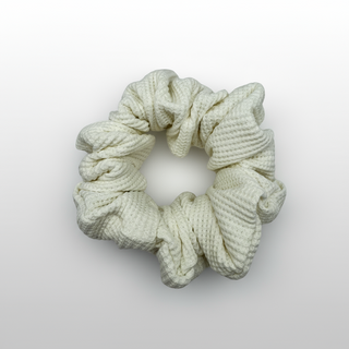 Ivory Waffle Knit Cotton scrunchie with soft, textured gathered folds. Handmade for secure hold and graceful everyday styling—ideal for thick or curly hair.