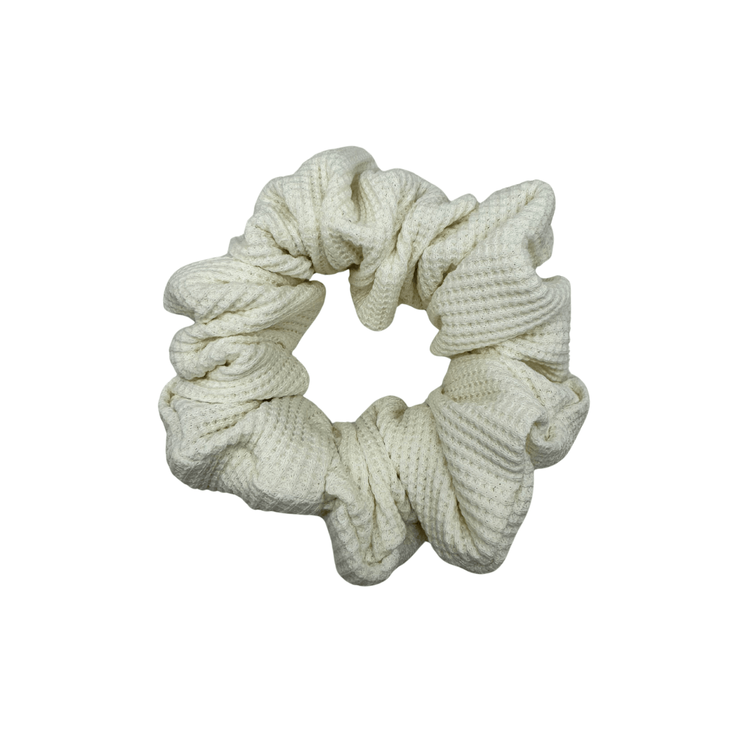 Ivory Waffle Knit Cotton scrunchie with soft, textured gathered folds. Handmade for secure hold and graceful everyday styling—ideal for thick or curly hair.