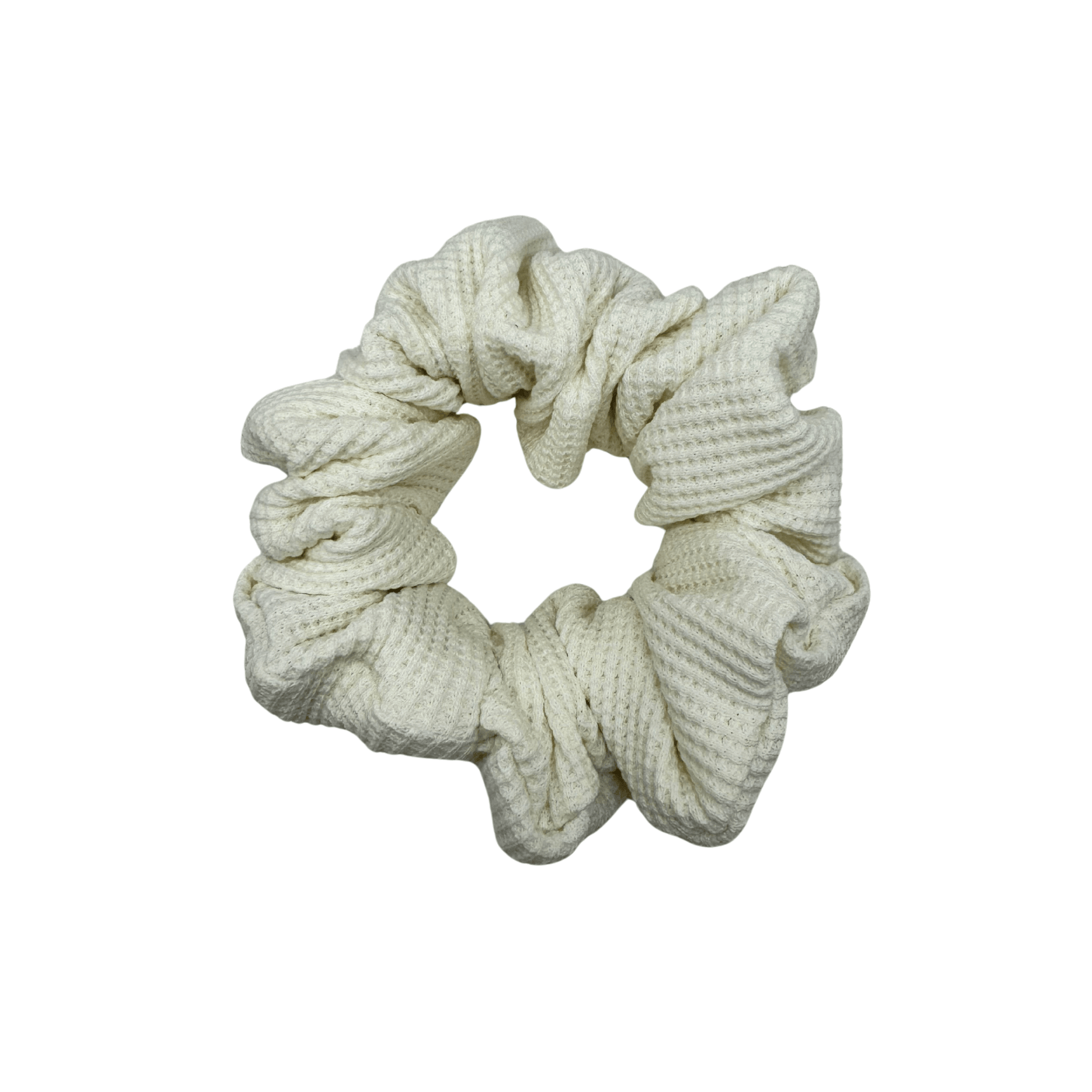 Ivory Waffle Knit Cotton scrunchie with soft, textured gathered folds. Handmade for secure hold and graceful everyday styling—ideal for thick or curly hair.