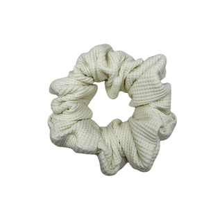 Ivory Waffle Knit Cotton scrunchie with soft, textured gathered folds. Handmade for secure hold and graceful everyday styling—ideal for thick or curly hair.