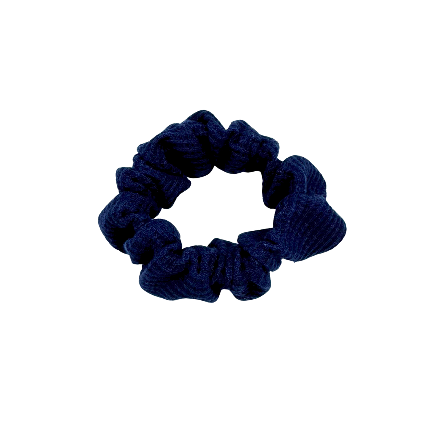 Deep navy Waffle Knit Cotton scrunchie with soft, gathered folds. Handmade for a gentle, secure hold and effortlessly graceful everyday styling—ideal for thick or curly hair.