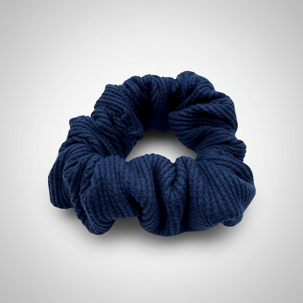 Deep navy Waffle Knit Cotton scrunchie with soft, gathered folds. Handmade for a gentle, secure hold and effortlessly graceful everyday styling—ideal for thick or curly hair.