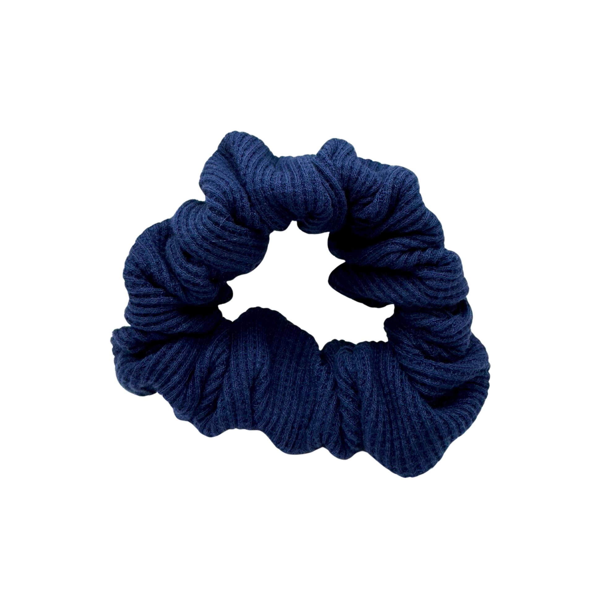 Deep navy Waffle Knit Cotton scrunchie with soft, gathered folds. Handmade for a gentle, secure hold and effortlessly graceful everyday styling—ideal for thick or curly hair.