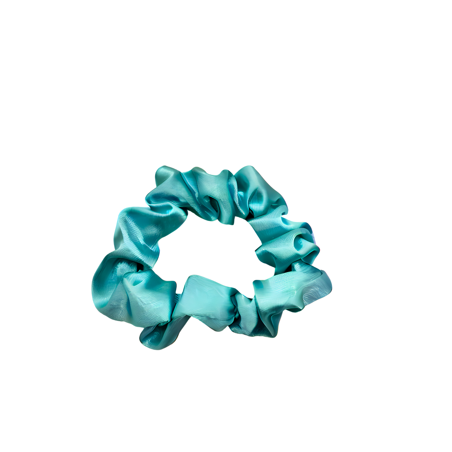 Ocean-blue satin scrunchie with a smooth, glossy finish and softly gathered folds. Handmade hair accessory designed for a gentle, secure hold and a serene, coastal-inspired look.
