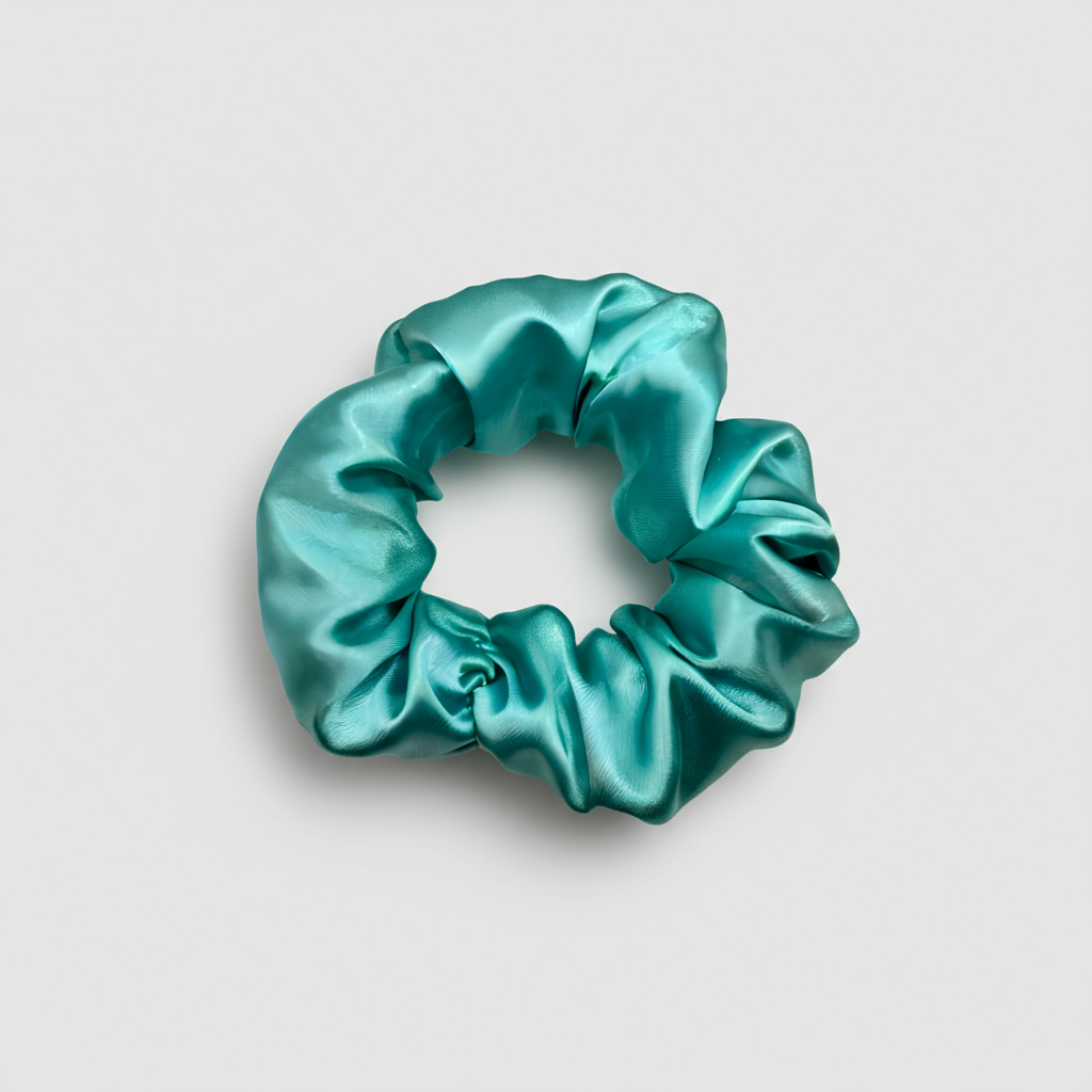 Ocean-blue satin scrunchie with a smooth, glossy finish and softly gathered folds. Handmade hair accessory designed for a gentle, secure hold and a serene, coastal-inspired look.
