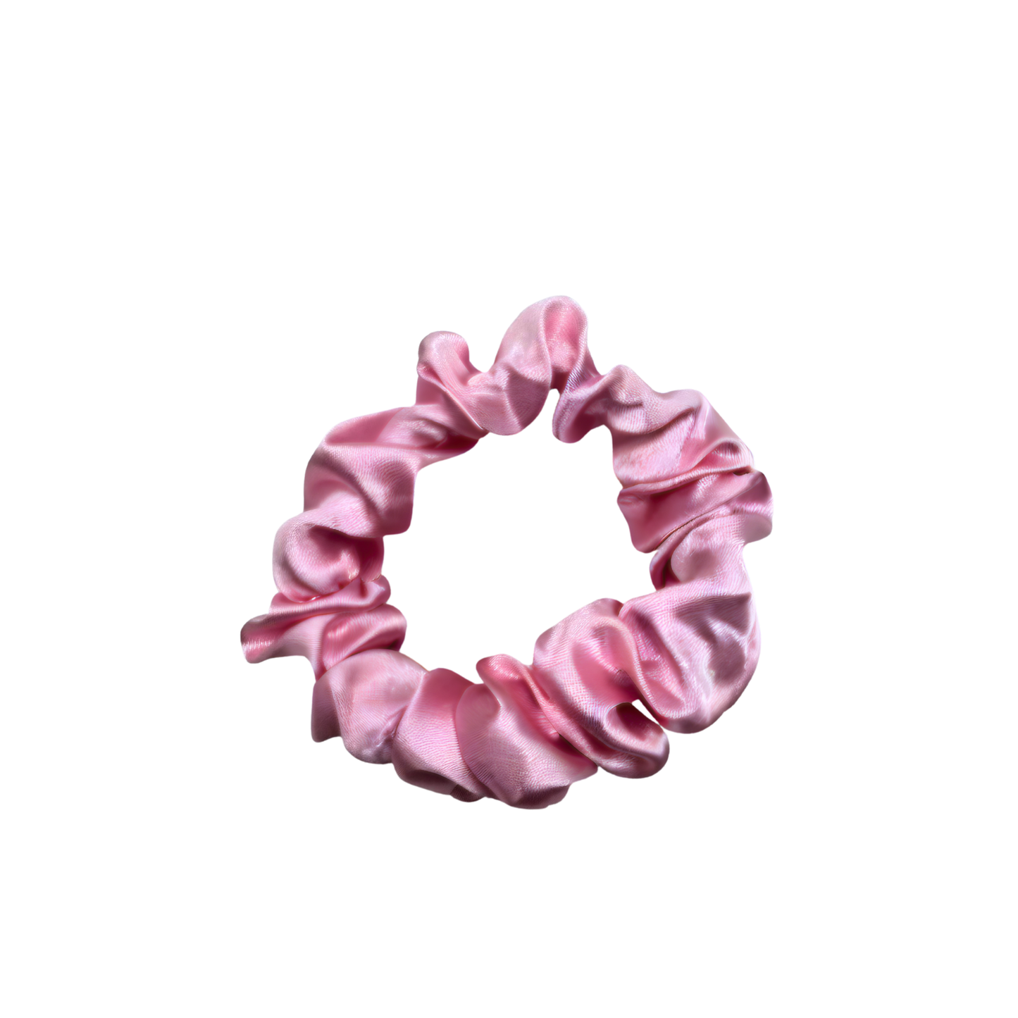 Baby pink satin scrunchie with a smooth, lustrous finish, arranged in soft ruffled folds. Handmade accessory designed for a gentle, secure hold and a timeless, elegant look.