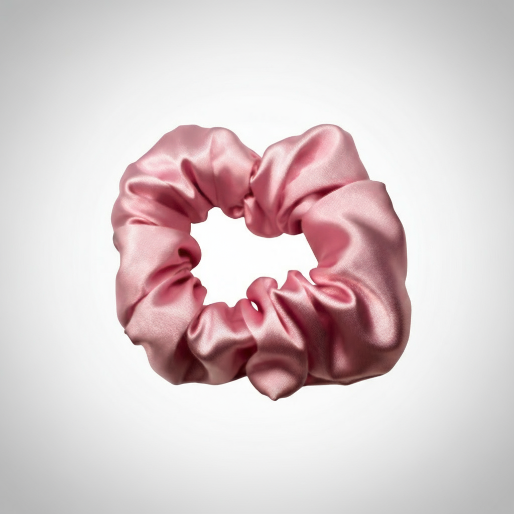 Baby pink satin scrunchie with a smooth, lustrous finish, arranged in soft ruffled folds. Handmade accessory designed for a gentle, secure hold and a timeless, elegant look.