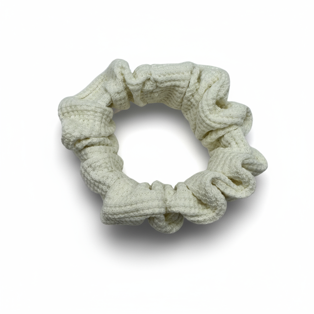 Ivory Waffle Knit Cotton scrunchie with soft, textured gathered folds. Handmade for secure hold and graceful everyday styling—ideal for thick or curly hair.