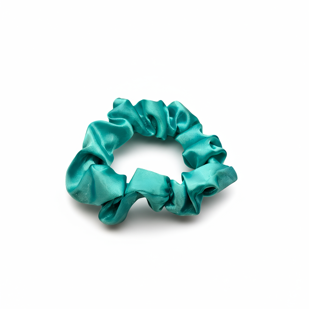 Ocean-blue satin scrunchie with a smooth, glossy finish and softly gathered folds. Handmade hair accessory designed for a gentle, secure hold and a serene, coastal-inspired look.
