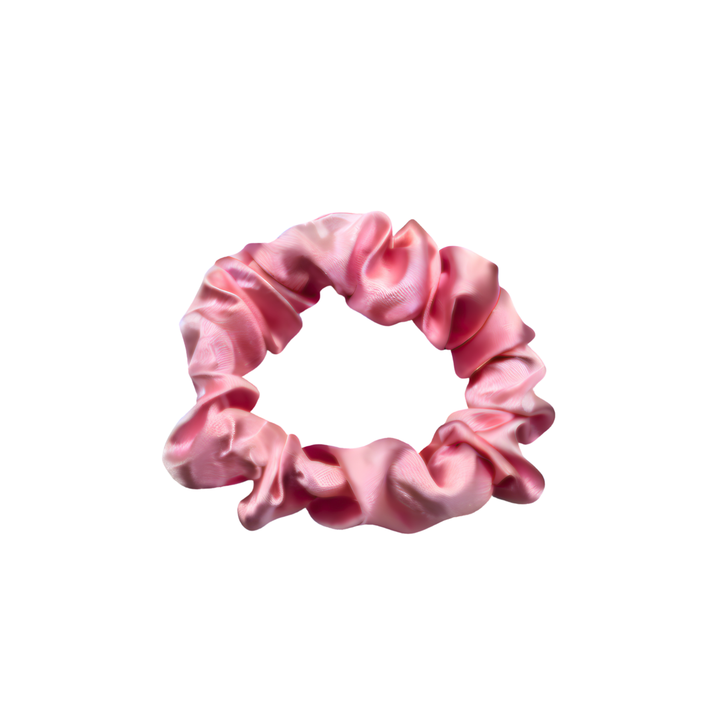 Baby pink satin scrunchie with a smooth, lustrous finish, arranged in soft ruffled folds. Handmade accessory designed for a gentle, secure hold and a timeless, elegant look.
