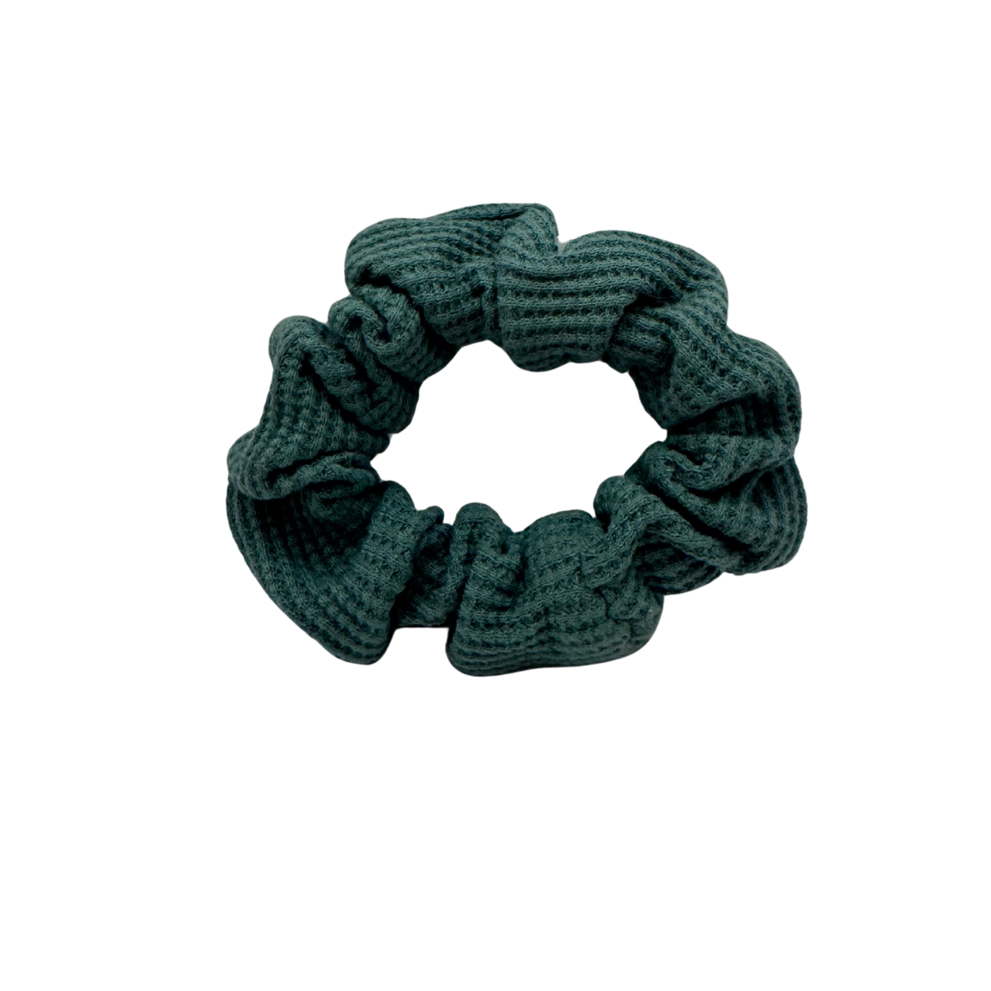Teal textured scrunchie on a white background