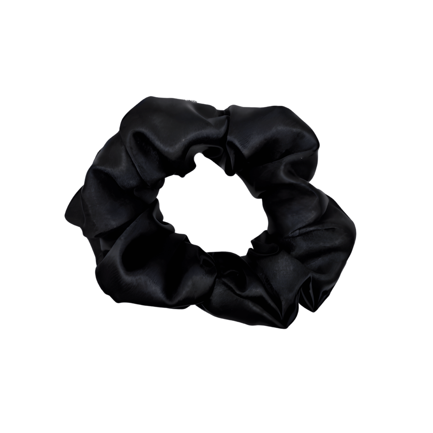 Black satin scrunchie with a smooth, glossy finish, gathered into soft ruffled folds. Handmade hair accessory designed for a gentle, secure hold and a sleek, timeless look.
