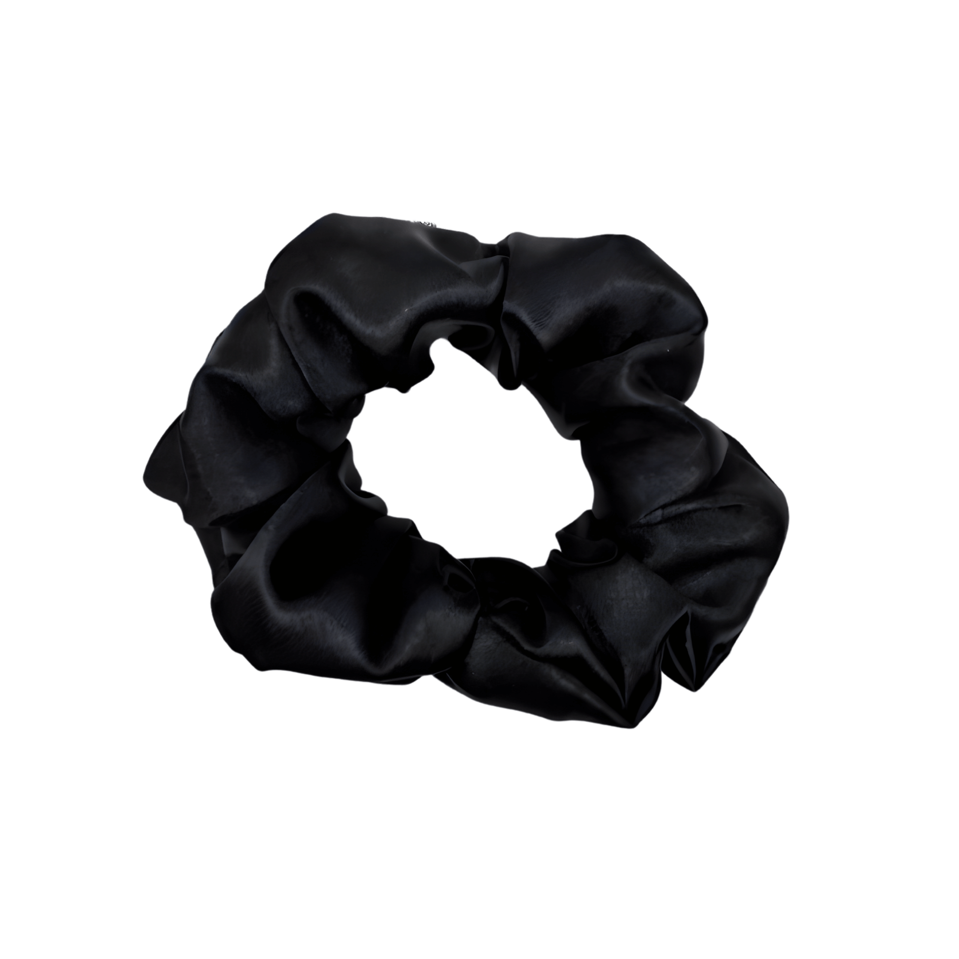 Black satin scrunchie with a smooth, glossy finish, gathered into soft ruffled folds. Handmade hair accessory designed for a gentle, secure hold and a sleek, timeless look.