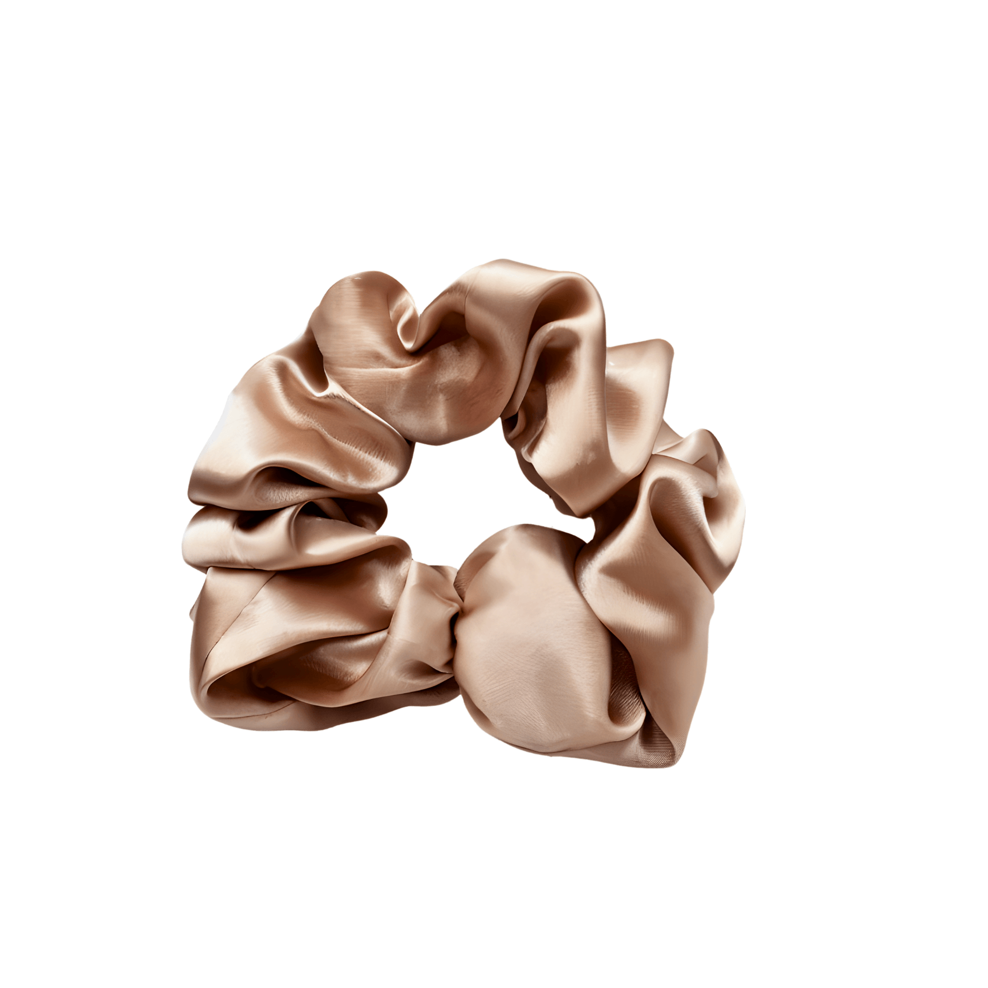 Champagne satin scrunchie with a soft rose‑golden hue and lustrous sheen, gathered into gentle ruffled folds. Handmade hair accessory designed for a secure yet gentle hold, adding a touch of radiant elegance to any style.