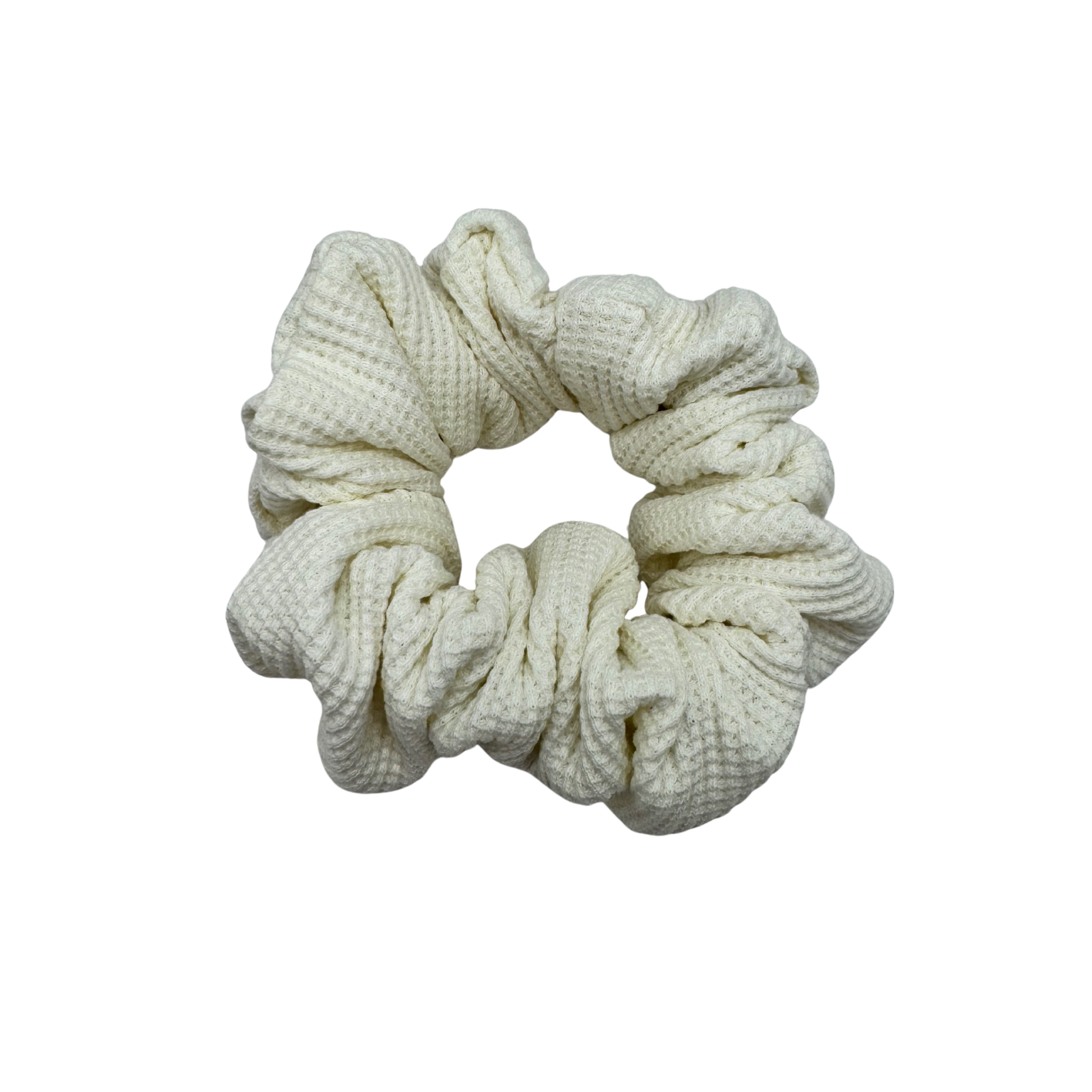 Ivory Waffle Knit Cotton scrunchie with soft, textured gathered folds. Handmade for secure hold and graceful everyday styling—ideal for thick or curly hair.