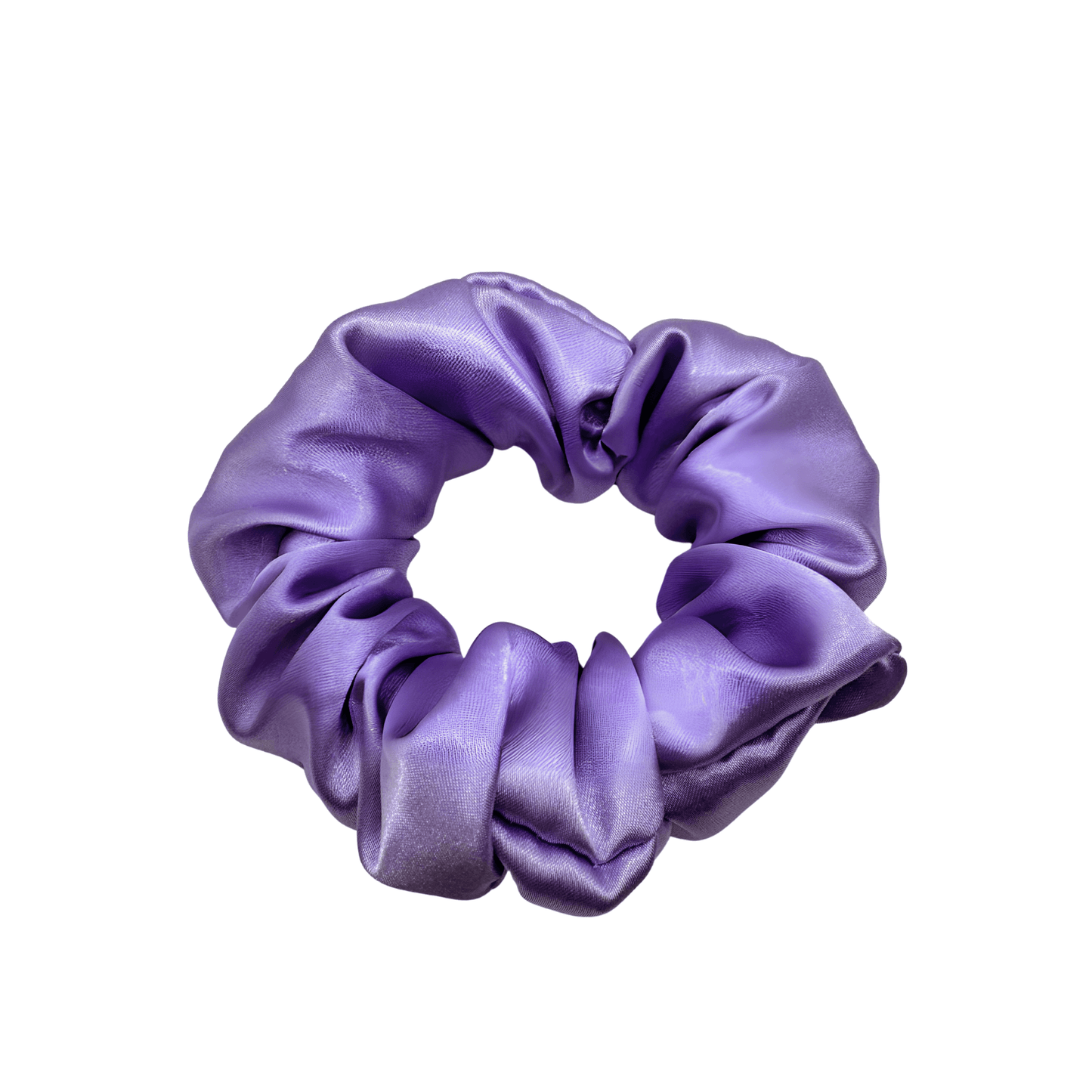 Purple satin scrunchie with a smooth, glossy finish and softly gathered folds. Handmade hair accessory designed for a gentle, secure hold and a romantic, celestial-inspired look.
