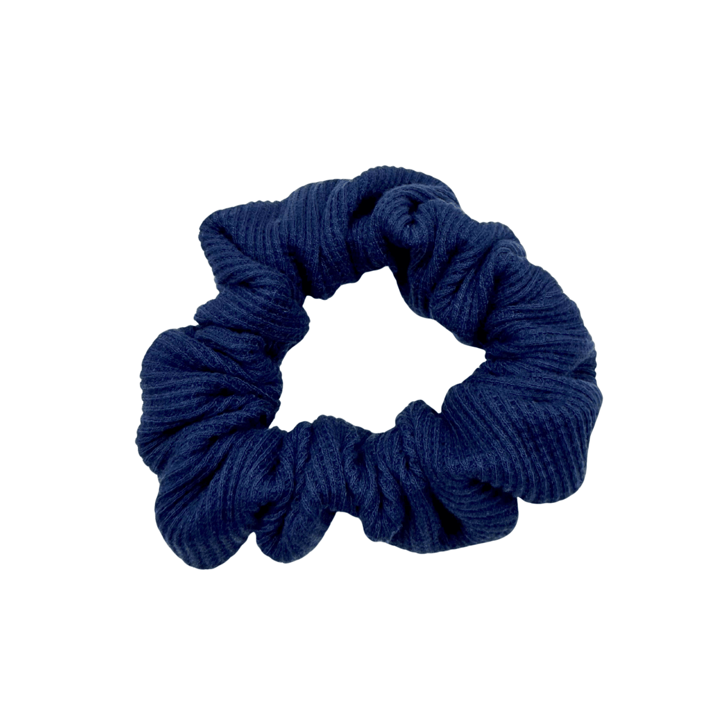 Deep navy Waffle Knit Cotton scrunchie with soft, gathered folds. Handmade for a gentle, secure hold and effortlessly graceful everyday styling—ideal for thick or curly hair.