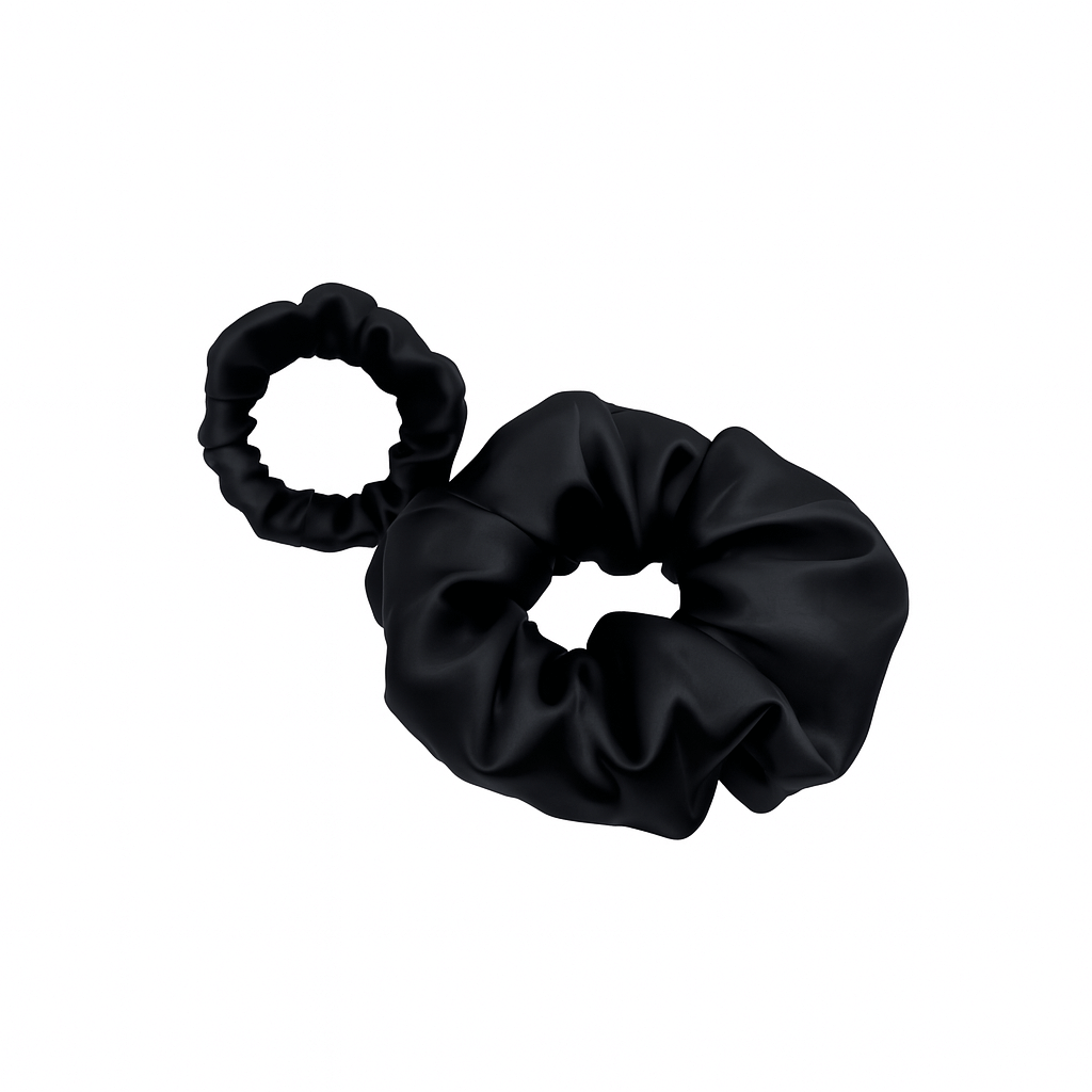 Black XL and Regular satin scrunchie with a smooth, glossy finish, gathered into soft ruffled folds. Handmade hair accessory designed for a gentle, secure hold and a sleek, timeless look.