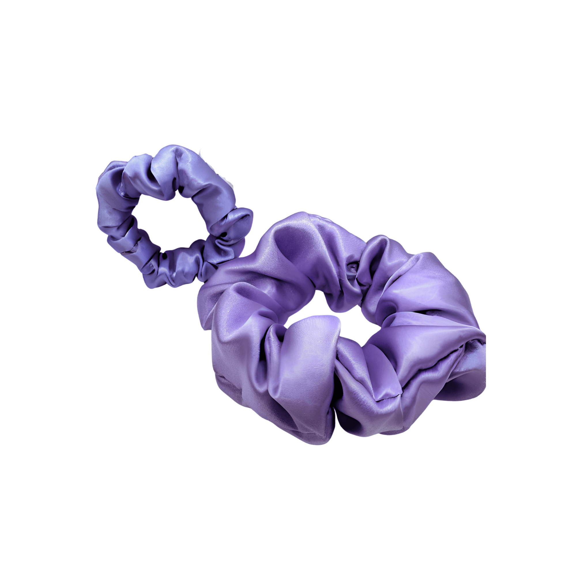Purple satin scrunchie with a smooth, glossy finish and softly gathered folds. Handmade hair accessory designed for a gentle, secure hold and a romantic, celestial-inspired look.