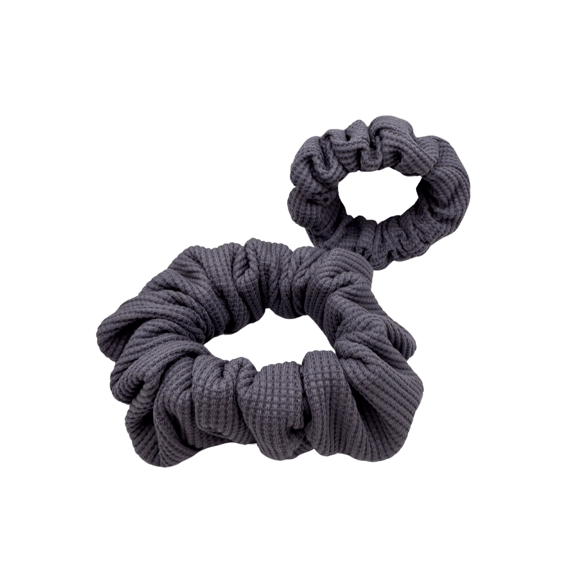 Two Waffle Knit Cotton scrunchie in a rich purple hue, gathered into soft folds for visual charm and gentle volume. Handmade for a secure, damage-free hold and effortlessly graceful everyday styling.