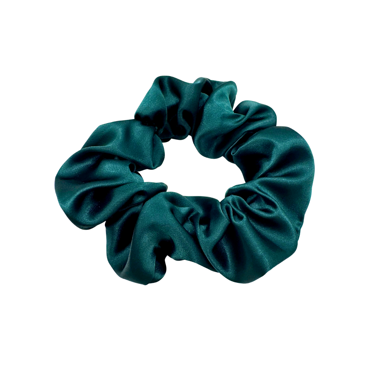 Emerald green satin scrunchie with a soft, luminous sheen and gently gathered folds. Handmade in Canada for elegant, damage-free styling and a secure, gentle hold.