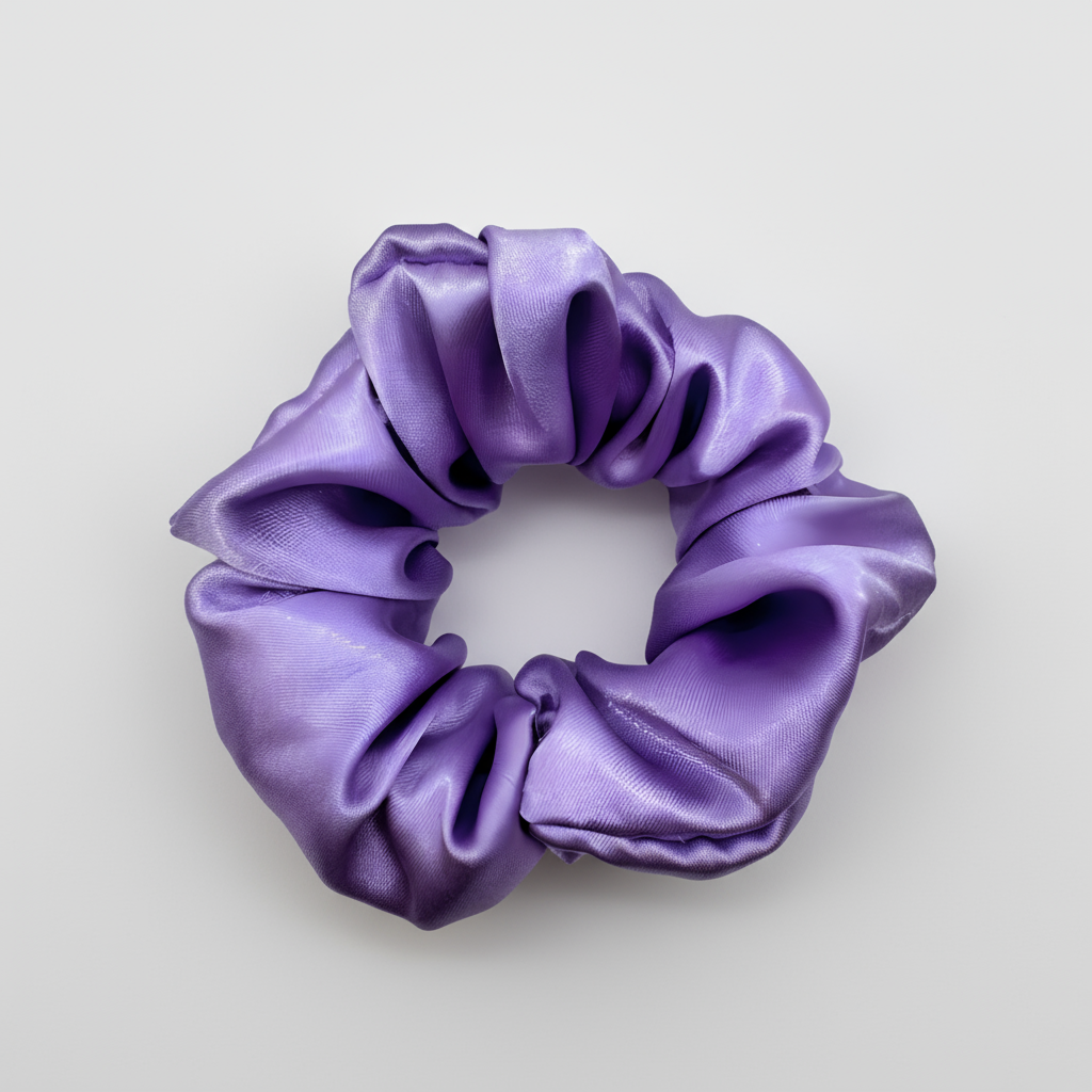 Purple satin scrunchie with a smooth, glossy finish and softly gathered folds. Handmade hair accessory designed for a gentle, secure hold and a romantic, celestial-inspired look.