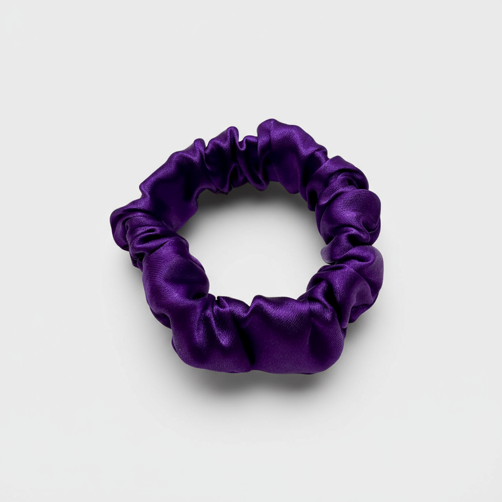 Medium-purple satin scrunchie with a soft, glossy finish and gently gathered ruffles. Handmade hair accessory designed for a secure, gentle hold and a romantic, celestial-inspired look.