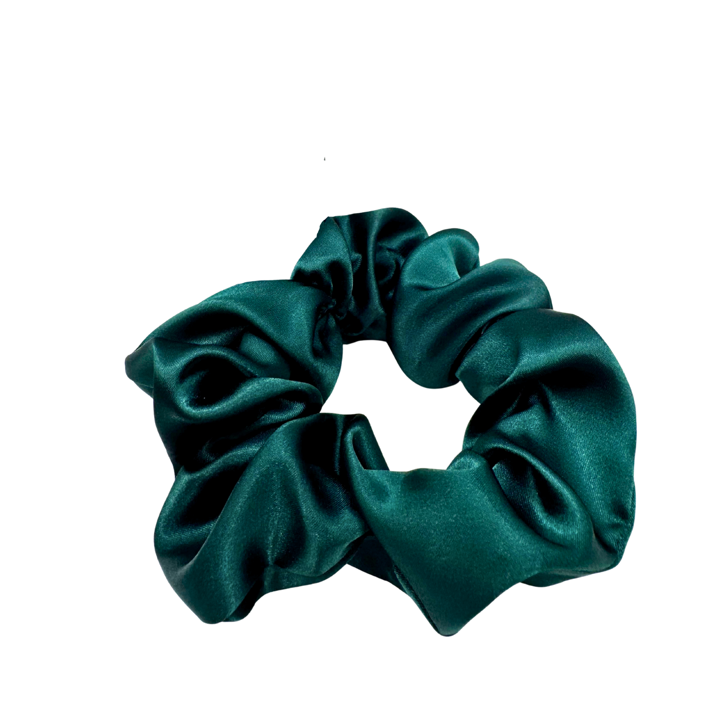 Emerald green satin scrunchie with a soft, luminous sheen and gently gathered folds. Handmade in Canada for elegant, damage-free styling and a secure, gentle hold.