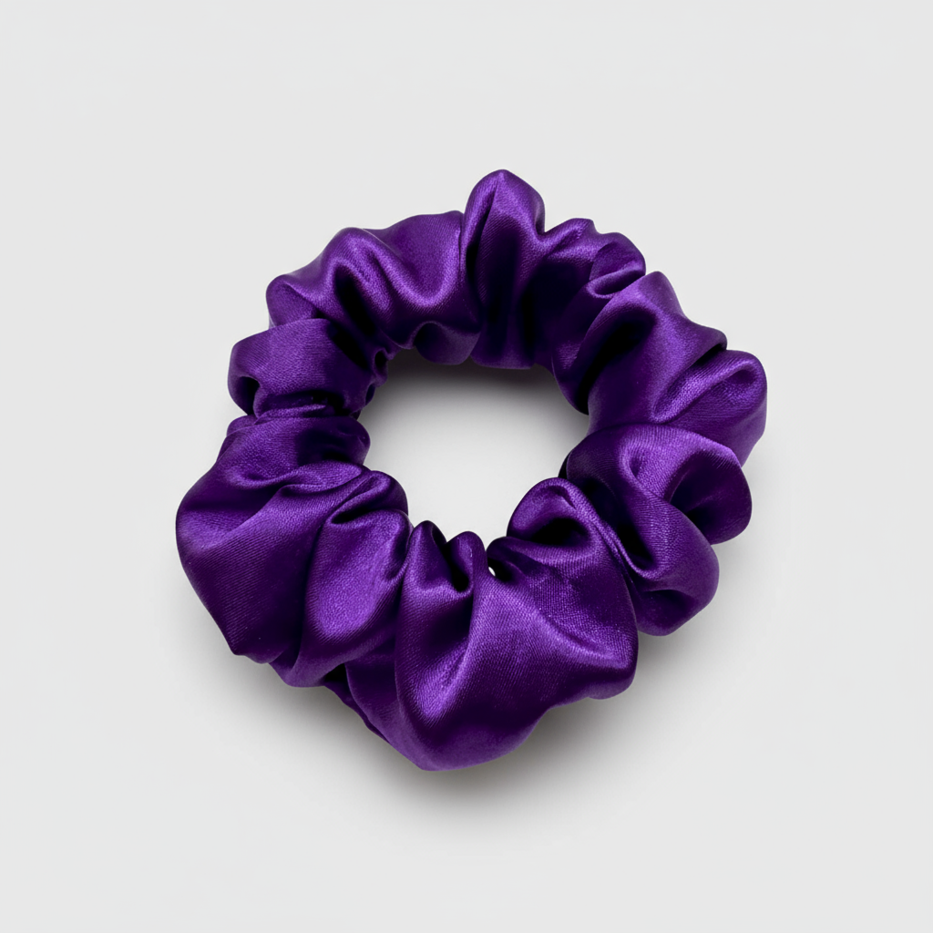 Medium-purple satin scrunchie with a soft, glossy finish and gently gathered ruffles. Handmade hair accessory designed for a secure, gentle hold and a romantic, celestial-inspired look.